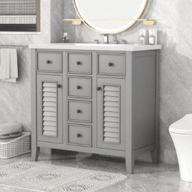36 Bathroom Vanity With Ceramic Basin, Two Cabinets And Five Drawers, Solid Wood Frame, Grey
