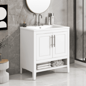 30 Bathroom Vanity With Sink, Multi-functional Bathroom Cabinet With Doors And Drawers, Solid Frame And MDF Board, White