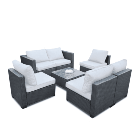 Seven-Piece Sofa Set Table With Sofa Chair Black PE Rattan Outdoor Furniture 7-JH002 Box 3-1-2-3 With Beige Color Cushion