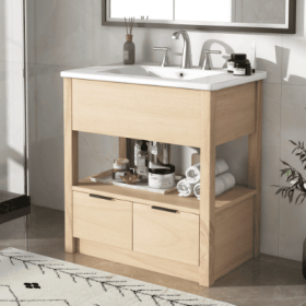 30 Bathroom Vanity With Sink Top, Bathroom Cabinet With Open Storage Shelf And Two Drawers, One Package, Natural
