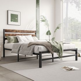 Full Size Platform Bed Frame with Rustic Vintage Wood Headboard, Strong Metal Slats Support Mattress Foundation, No Box Spring Needed Rustic Brow