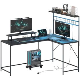 HOMCOM 61.6" L Shaped Gaming Desk with Power Outlets & LED Lights, Computer Desk with Monitor Stand and CPU Shelf, Black