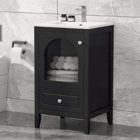20 Bathroom Vanity With Sink, Bathroom Cabinet With Soft Closing Glass Door, A Drawer, Black (Color: Black)