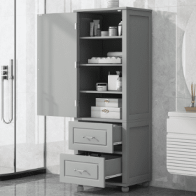Tall Bathroom Storage Cabinet, Freestanding Storage Cabinet With Two Drawers And Adjustable Shelf, MDF Board With Painted Finish (Color: Grey)