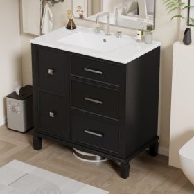 30 Inch Bathroom Vanity With Ceramic Sink, Flip-Out Drawer Design For Plumbing, White Painted MDF Cabinet With Solid Wood Legs (Color: Black)